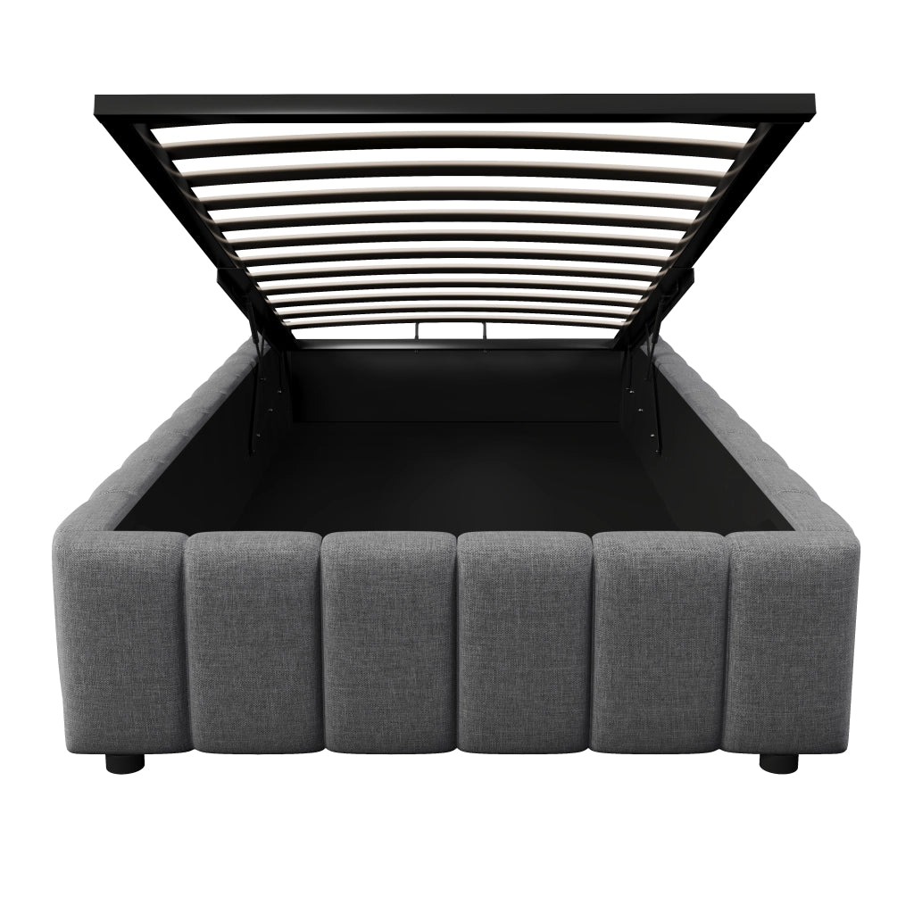 DESMIU Letto Singolo 90 × 200 cm con contenitore idraulico, senza materasso, in lino, grigio