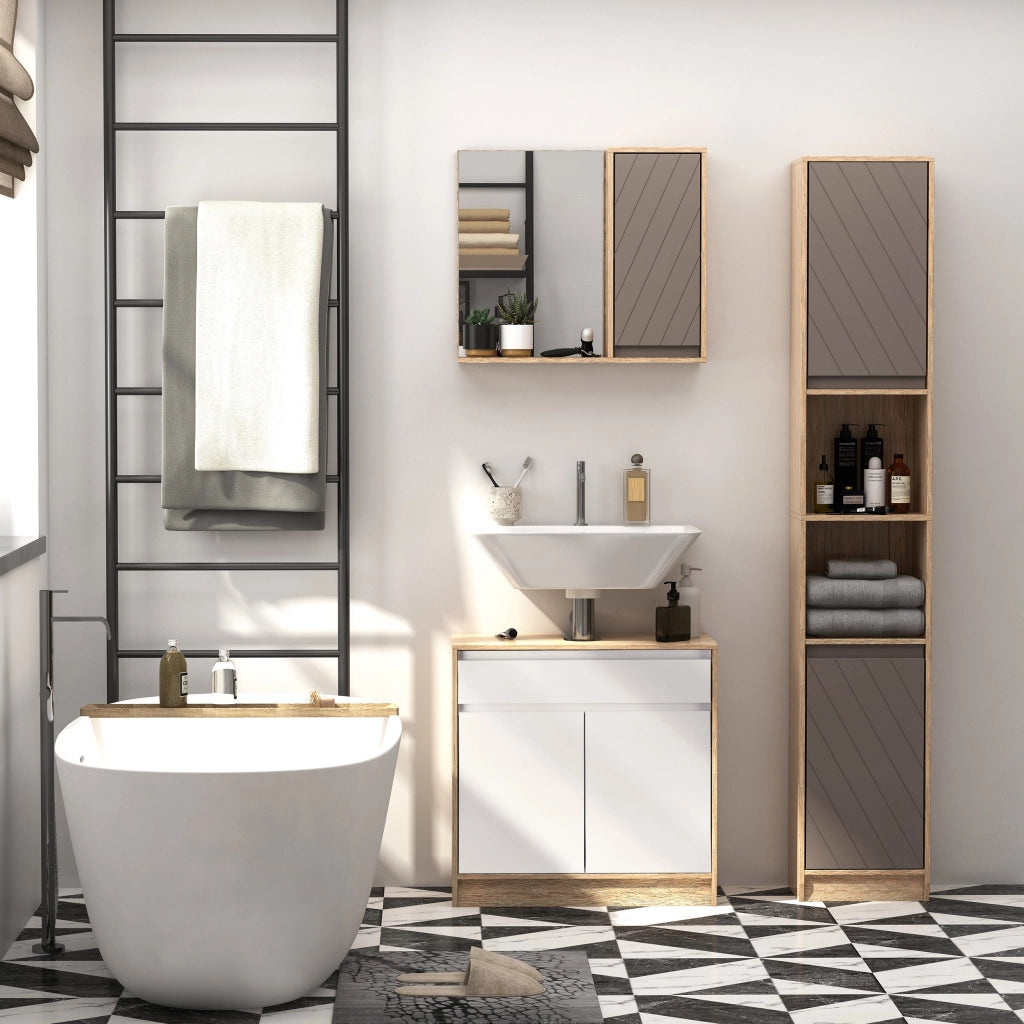 Colonna Bagno Stretto con Ante e Ripiani Aperti ¨C Zephmum ¨C 30x24x170 cm Rovere Grigio