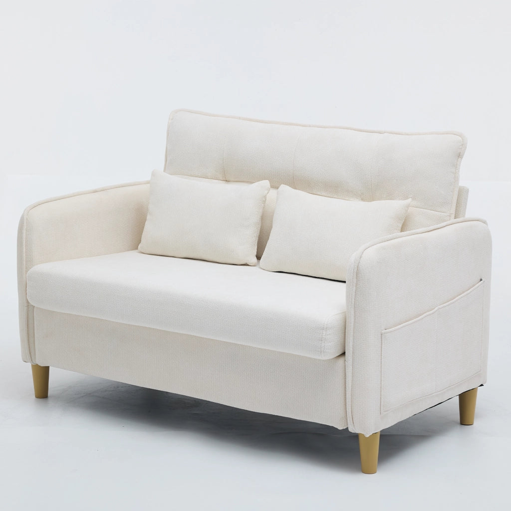 Divano Dritto 2 Posti con Tasche Laterali in Legno e Chenille Beige