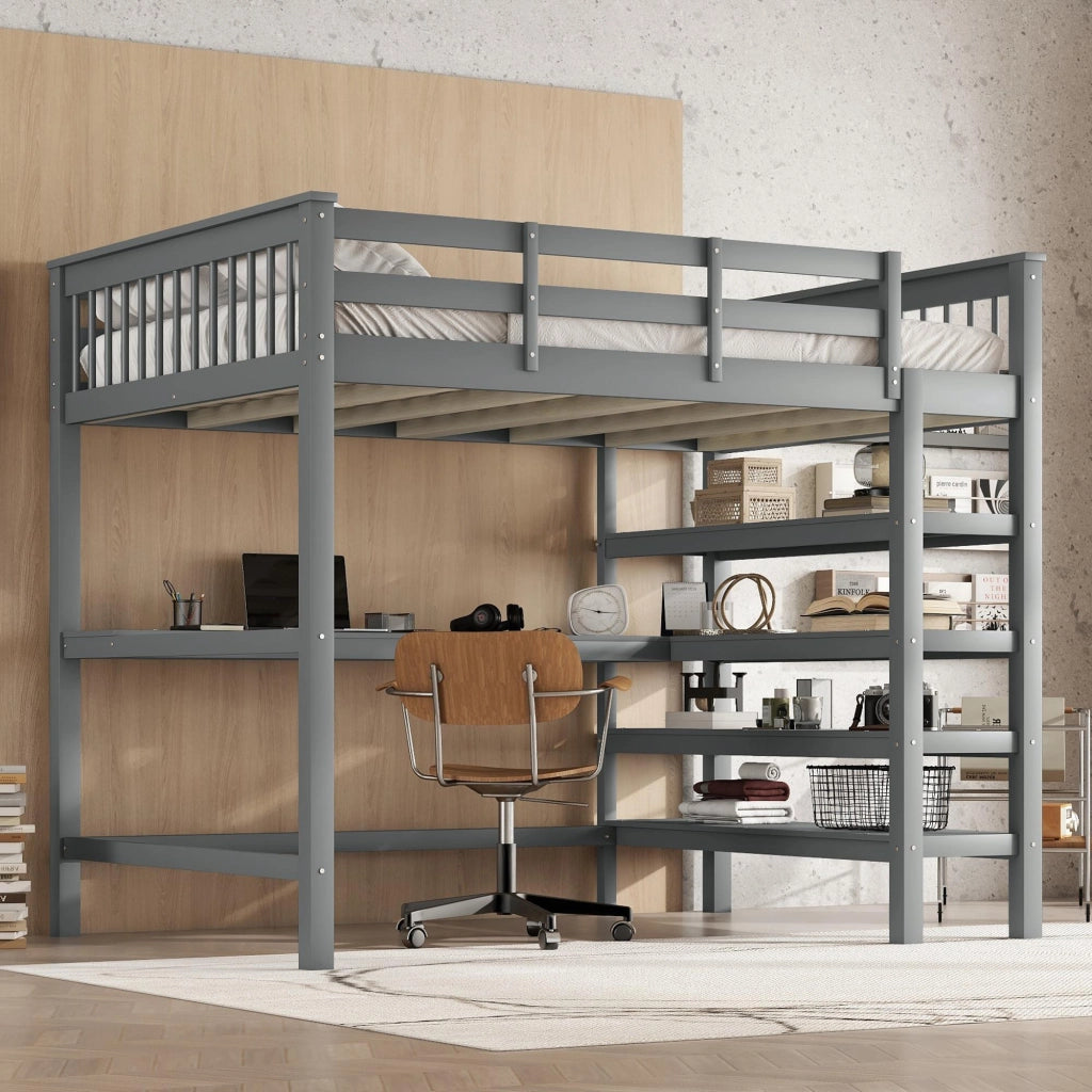 Letto a Soppalco con Scrivania e Ripiani ¨C MINIMAL ¨C Grigio 140x200
