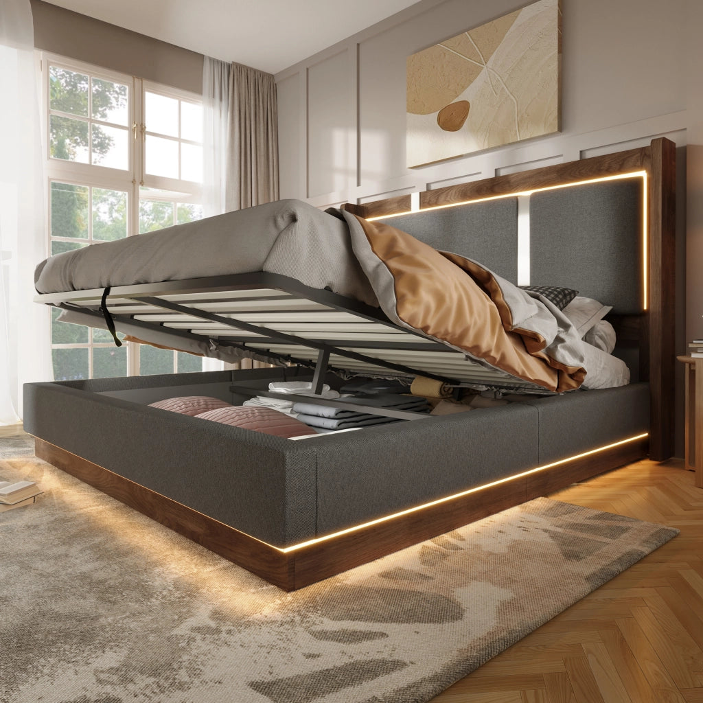 LETTO imbottito contenitore 140x190 cm con LED lino grigio e noce