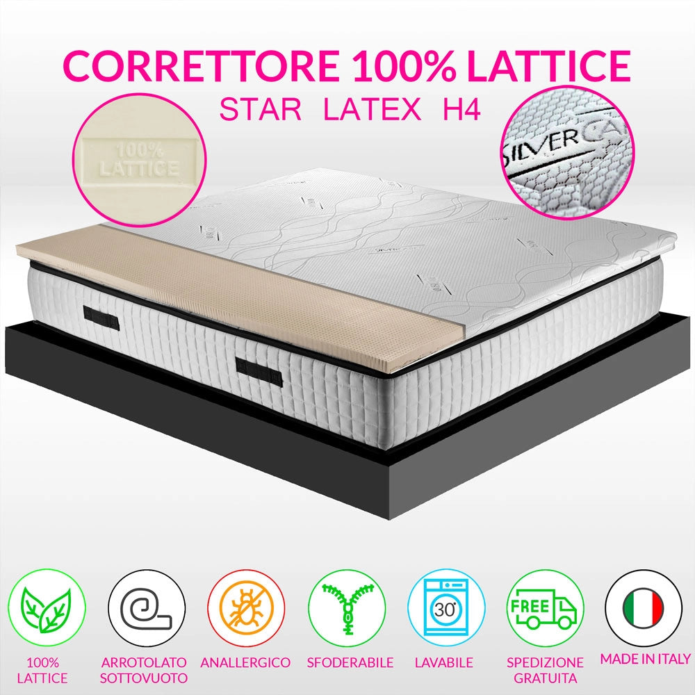 Topper lattice, sopramaterasso in 100% LATTICE ANALLERGICO, Alto 4 cm con tessuto antimicrobico sfoderabile 4 lati con filo in ARGENTO - STAR LATEX francese 150x200