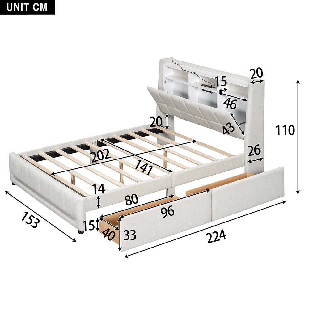 Letto con cassetti - Xylo - 140x200 cm - Lino Beige - Luci ambientali telecomando USB