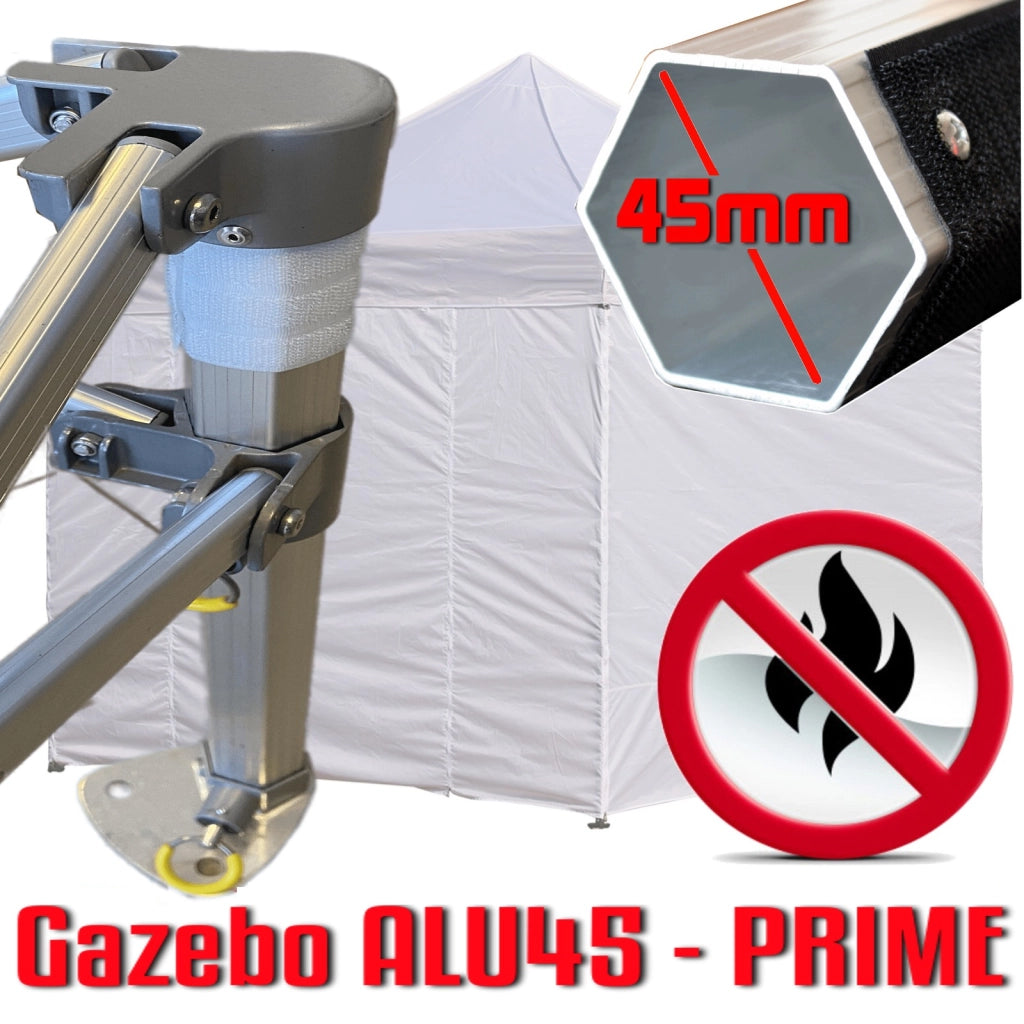 Gazebo 3x3 m bianco certificato IGNIFUGO pieghevole alluminio piantone esagonale 45mm portatile estendibile richiudibile estensibile acciaio con laterali per fiere eventi stand chiosco tenda tendone mercato mercatino