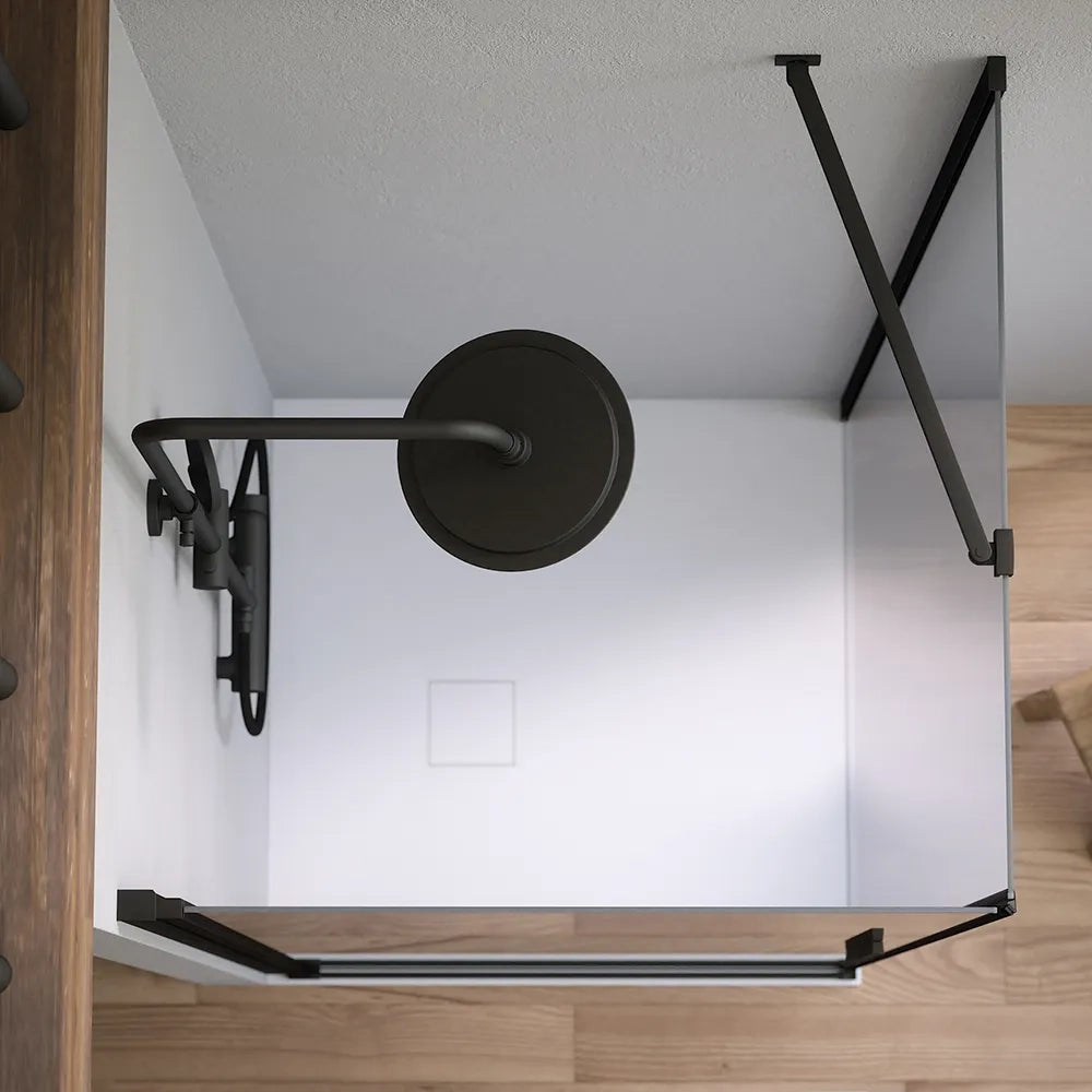Box doccia 70x80cm con apertura a battente e parete fissa, profili nero opaco e vetro da 6mm trasparente h195 | Elba