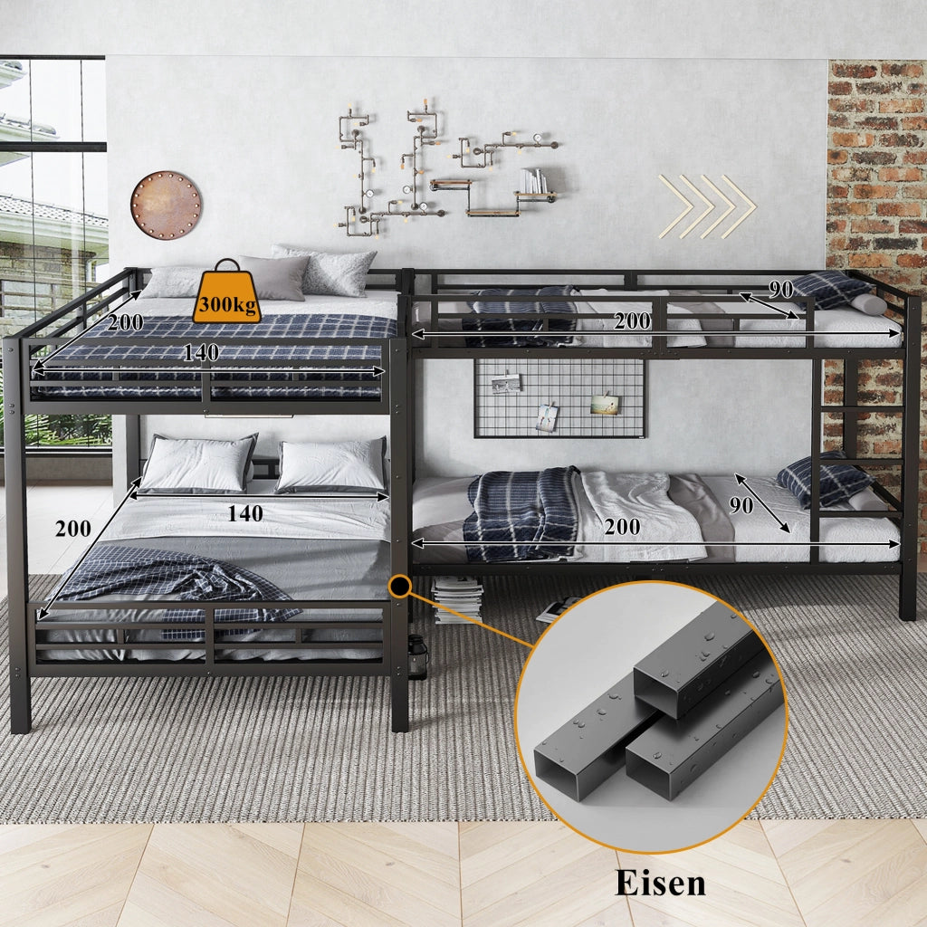 Letto a castello in ferro nero con scala a 3 gradini, rete a doghe stabile, 90x200 cm e 140x200 cm