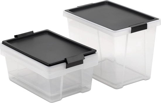 Set di 3 contenitori trasparenti con maniglie - 2 x 7L, 1 x 15L - materiale riciclato - coperchio - BPA libero - nero