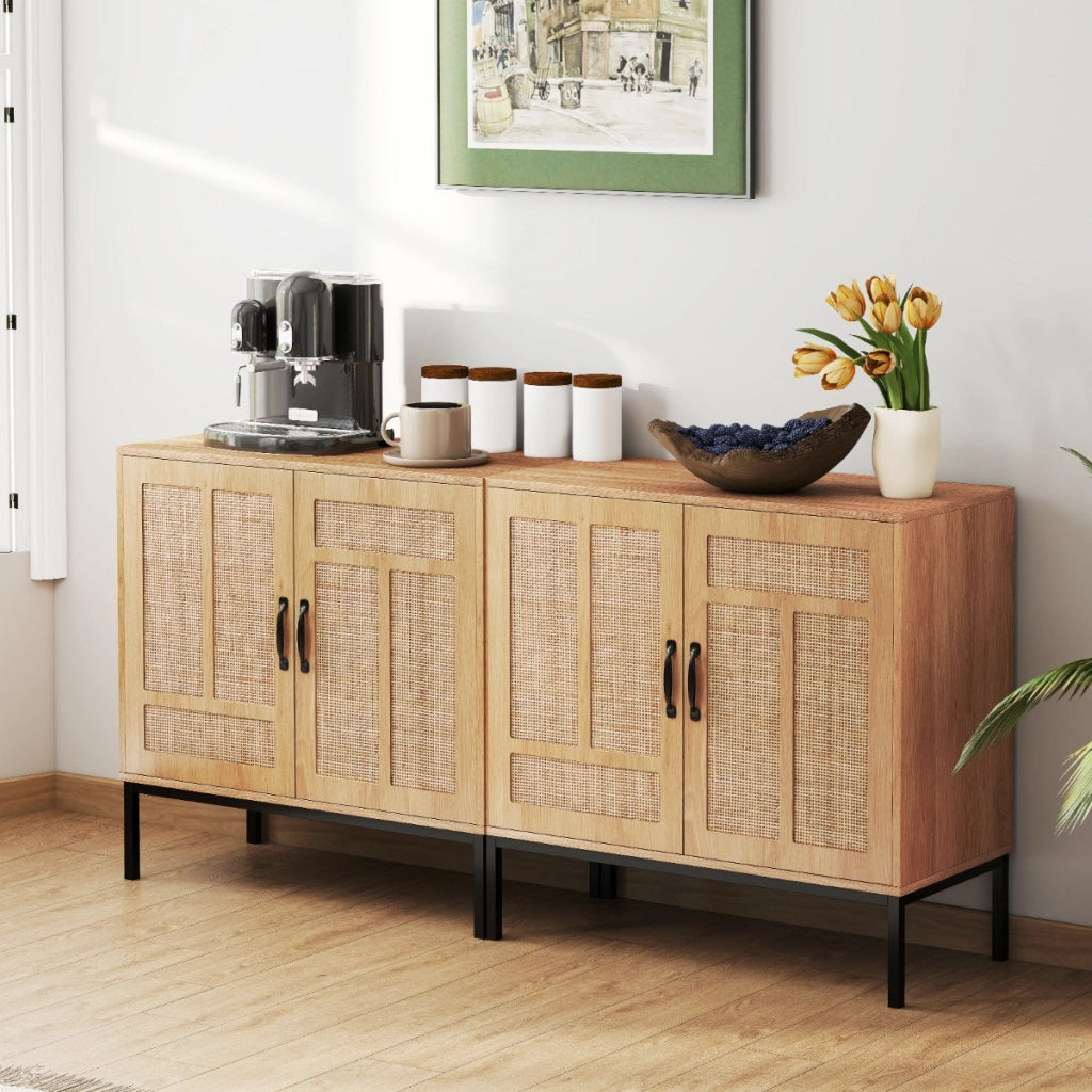 Armadietto boho con motivo asimmetrico con ripiano regolabile a 3 posizioni, Armadio portaoggetti in rattan per cucina Naturale