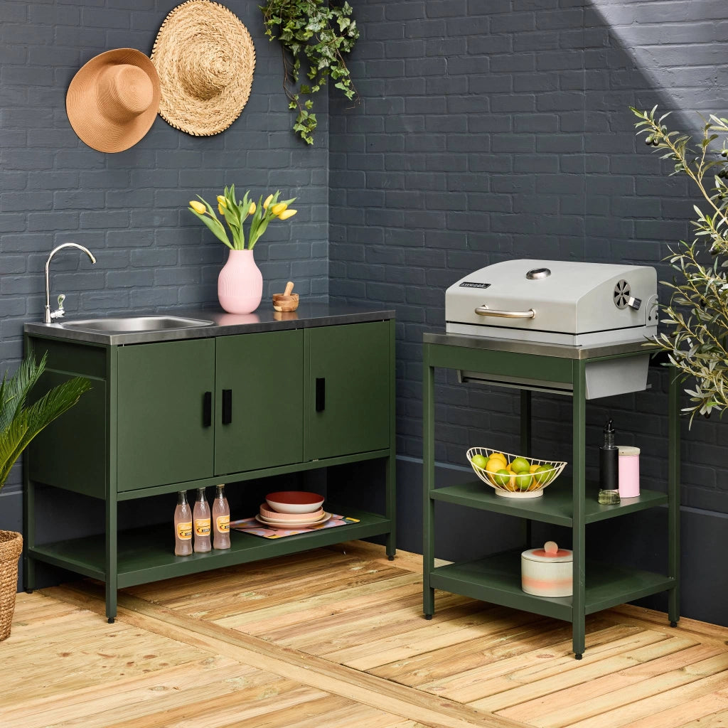 Cucina esterna, 2 moduli e barbecue a carbone con lavandino, verde
