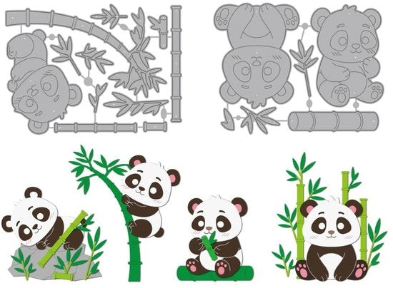 Snijsjabloni in Carbone - Panda/Bambù - Snijsjabloni per Scrapbooking/Kaarten - Tema Dieren - Dimensioni 141x100mm/136x101mm - Snijsjabloni in Metallo