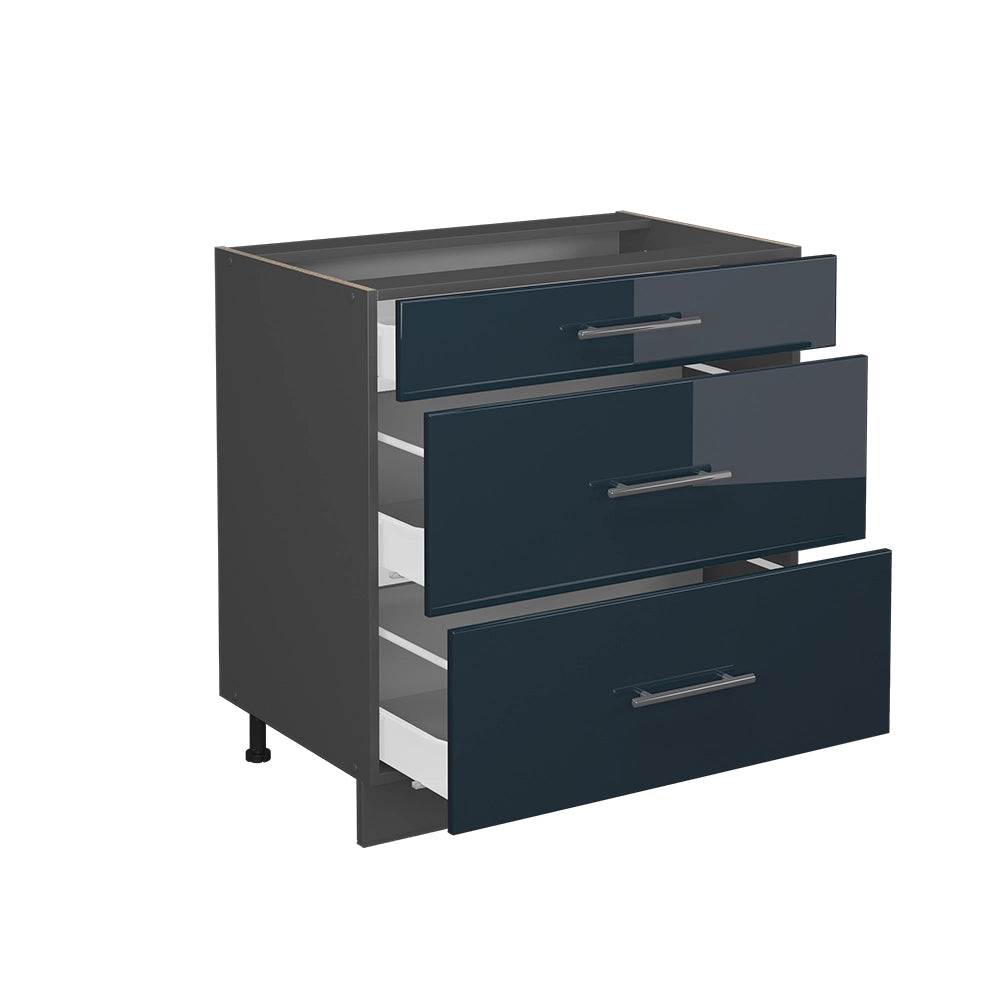 Mobiletto base per cucina Fame-Line Blu scuro lucido/Antracite 80 cm con 3 cassetti, PL Rovere Vicco