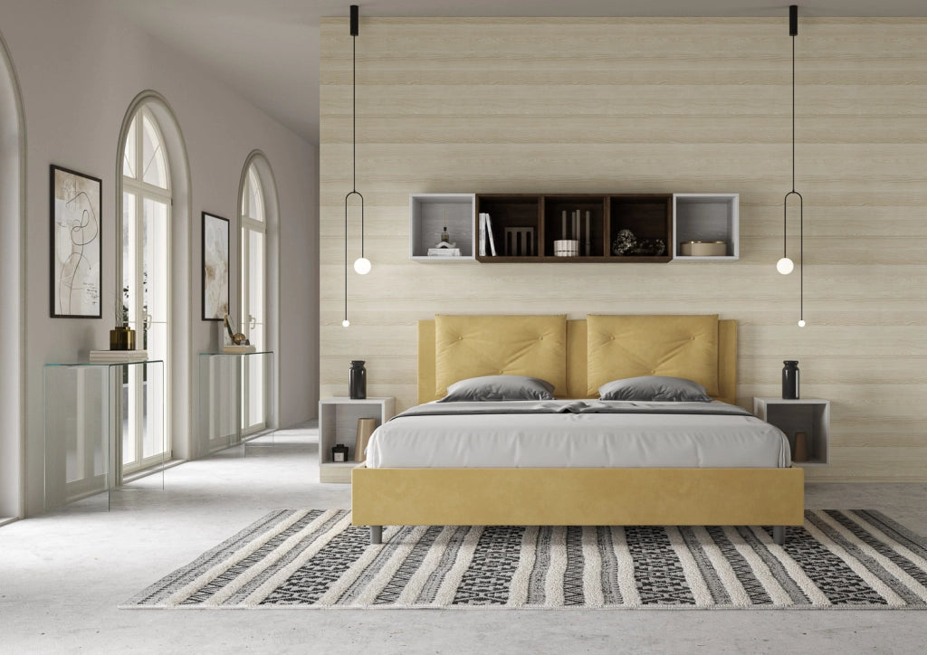 BS COM Letto matrimoniale king size contenitore imbottito 170x200 microfibra ocra