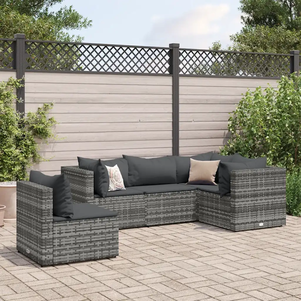 Set Divani da Giardino 5 pz con Cuscini in Polyrattan Grigio