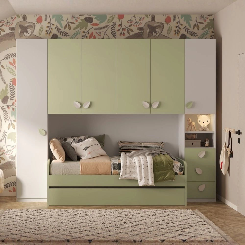 Cameretta a ponte Gilbert bianco opaco e verde pistacchio con 2 letti 293x5x240.5H
