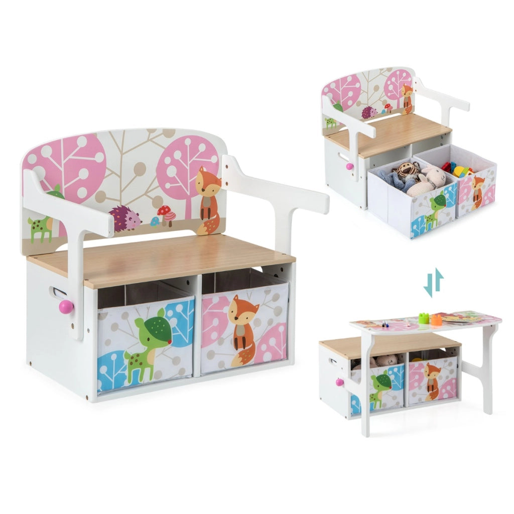 Panchina attivit¨¤ convertibile per bambini, Set tavolo e sedie per bambini con 2 cassetti in tessuto rimovibili Bianco-Tavoli e sedie