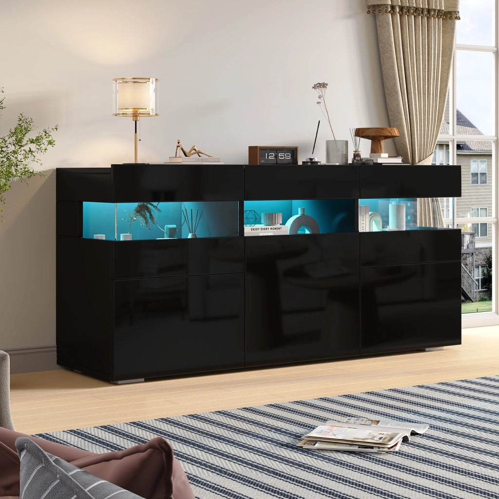 Credenza moderna nera con 3 ante, LED con app, finitura lucida e 7 vani