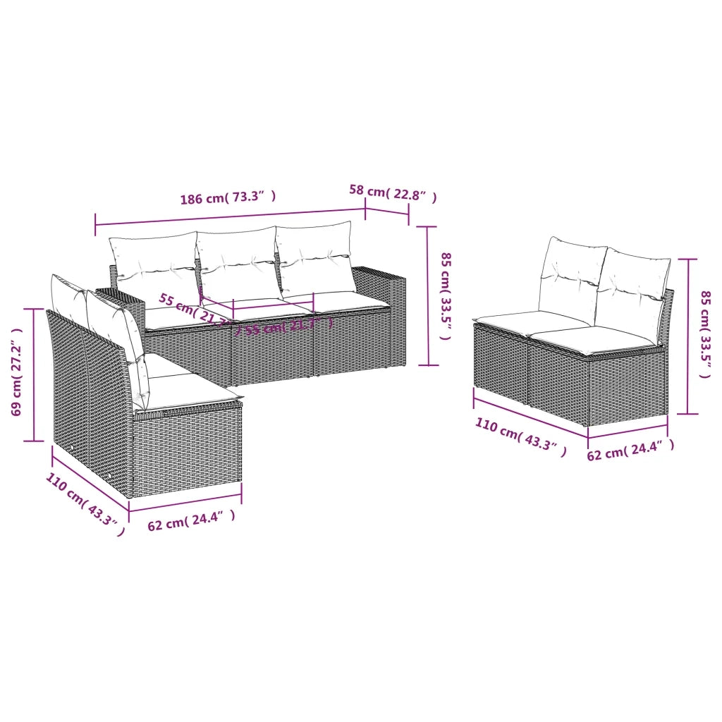 Set Divani da Giardino 7 pz con Cuscini Beige in Polyrattan 3218818