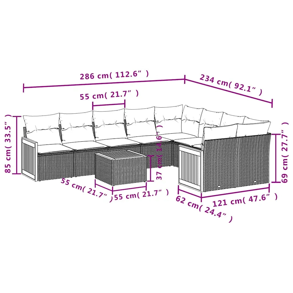 Set Divani da Giardino 10 pz con Cuscini Nero in Polyrattan 3227989