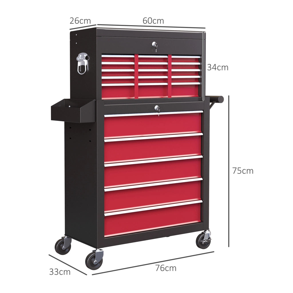 Carrello attrezzi a cassetti con pannello forato ¨C zephmum ¨C 14 cassetti, acciaio, rosso
