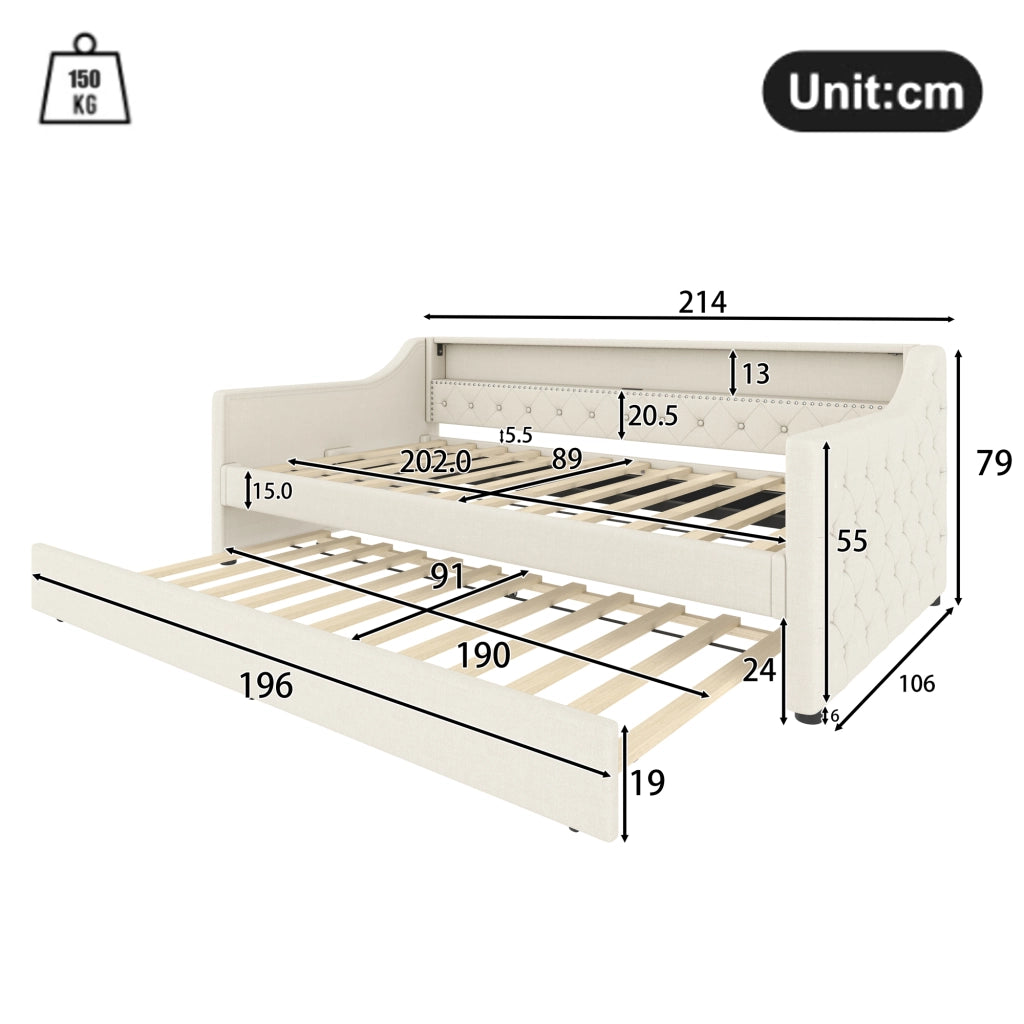 LETTO Divano letto estraibile 90x200 cm Lino Beige con LED e USB
