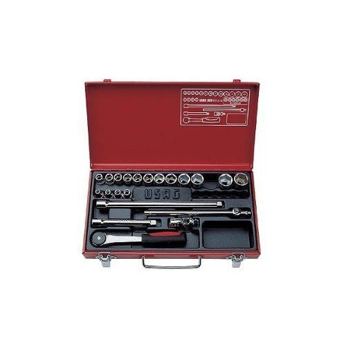 USAG U06130020 613 N 3-8 Kit Chiavi a Bussola con Cricchetto 22 Pezzi contenuto 16 bussole poligonali mm 6-22 2 prolunghe 1 cricchetto reversibile 1 leva a T 1 snodo cardanico colore Acciaio