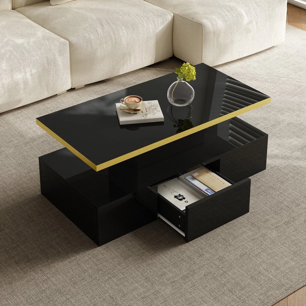 Tavolino da Caff¨¨ con Cassetti e LED ¨C MINIMAL ¨C Nero Lucido, 2 Ripiani