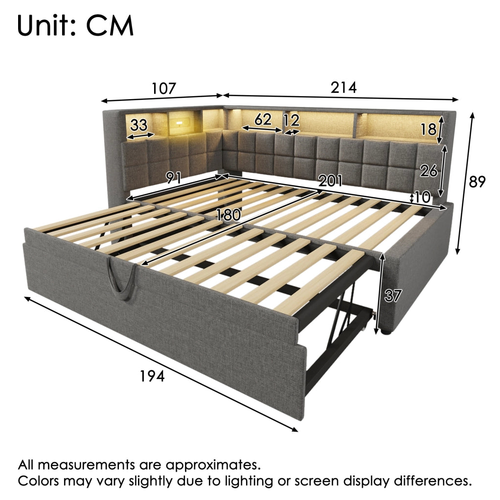 Letto imbottito con rete estraibile, LED, Bluetooth e porta USB/Type-C, grigio