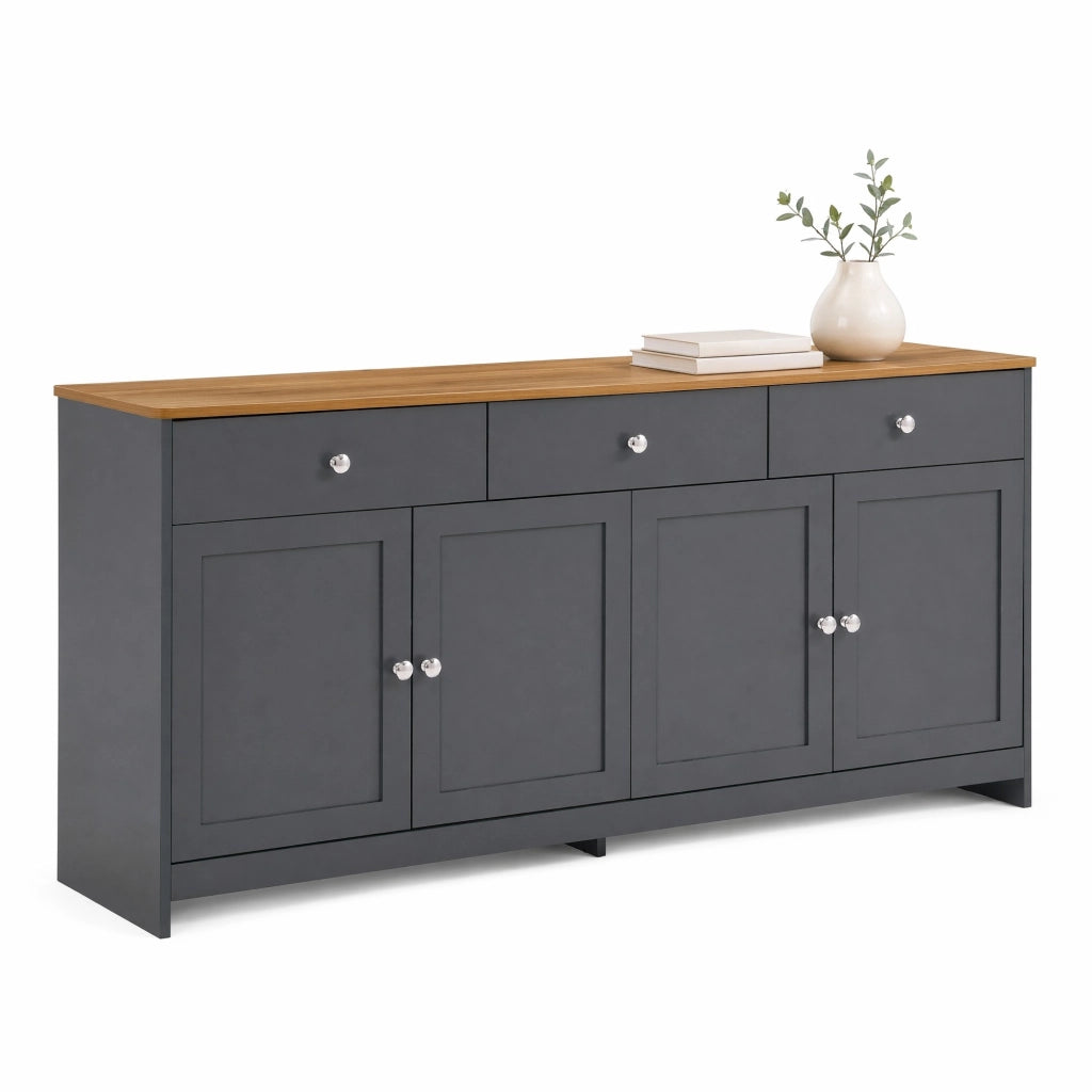 Credenza rustica a 4 ante e 3 cassetti, 160 cm, colore legno e grigio-nero