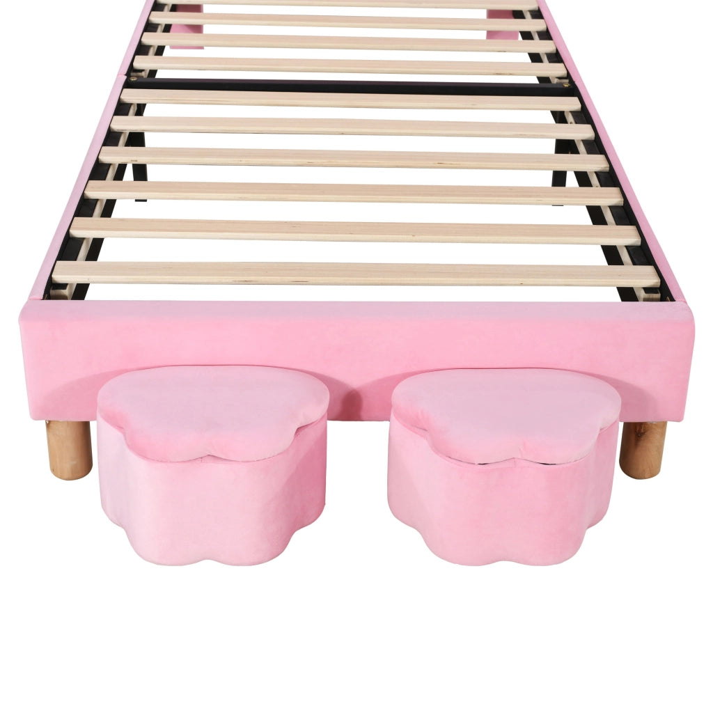 LETTO imbottito 90x200 cm in velluto rosa con LED e 2 panche contenitore
