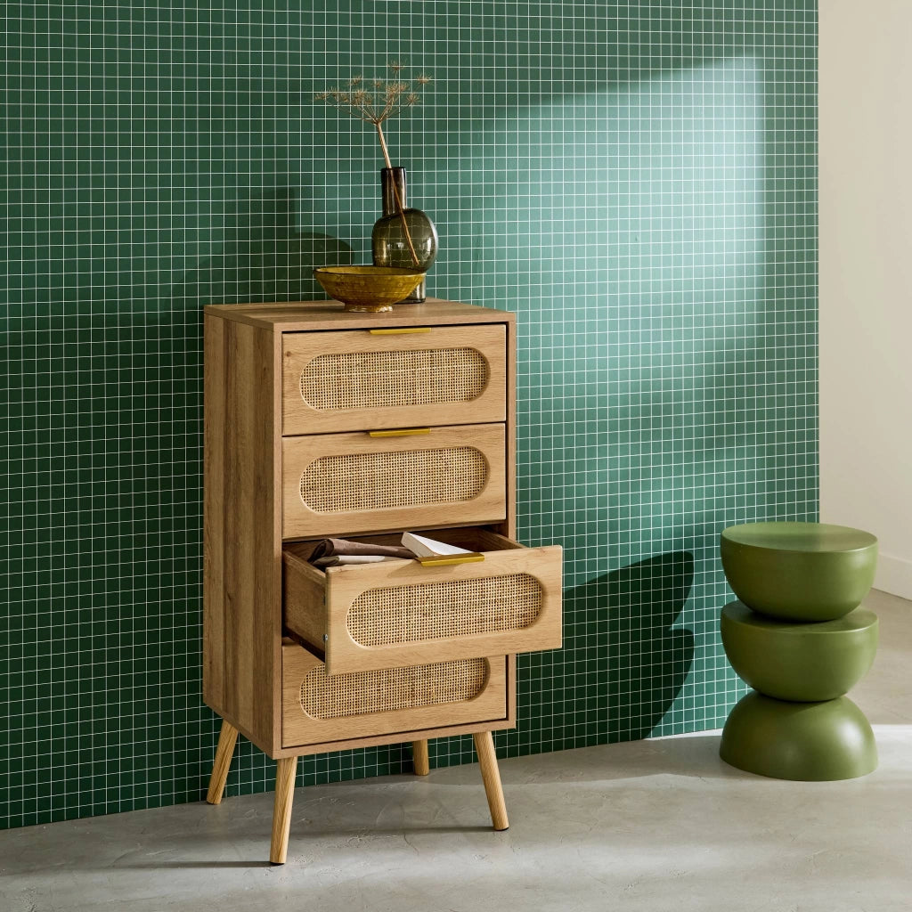 Cassettiera decorata legno con 4 cassetti, marrone naturale