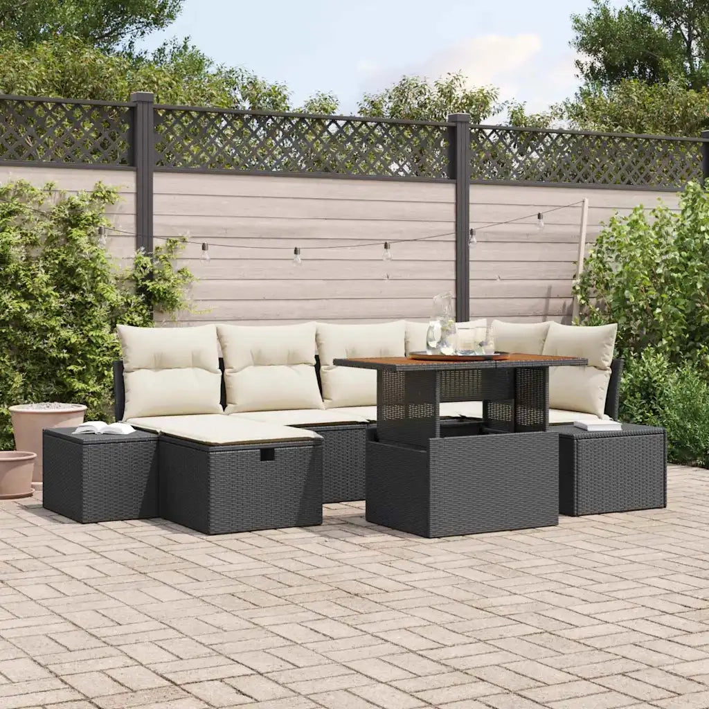 Set Divano da Giardino con cuscino 7 pcs Nero polyrattan