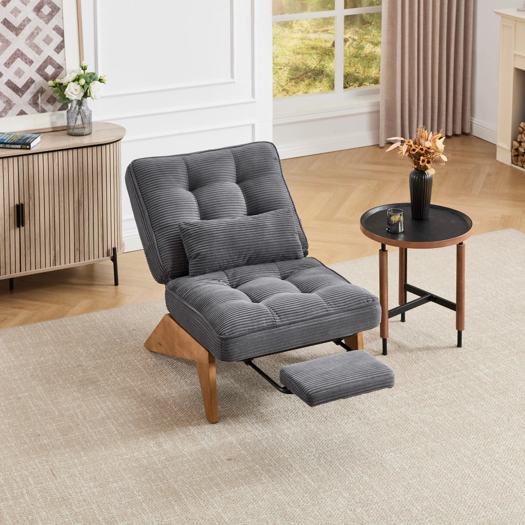 Poltrona relax reclinabile in velluto a coste grigio scuro con poggiapiedi e cuscino lombare; 127x73x90 cm