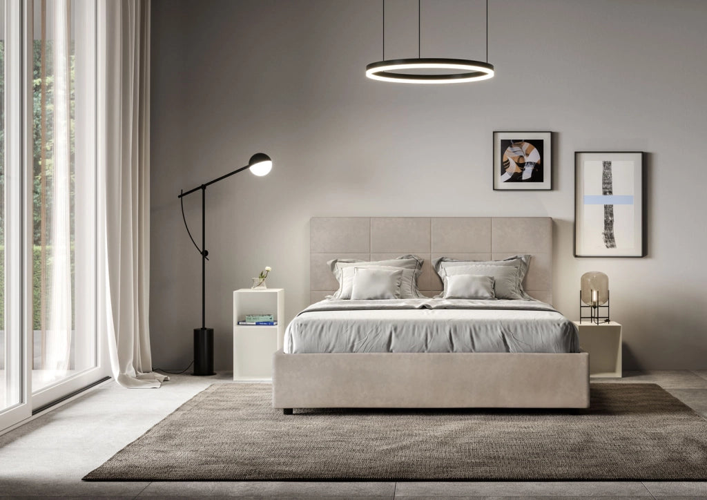BS COM Letto queen size con rete imbottito 150x200 microfibra sabbia