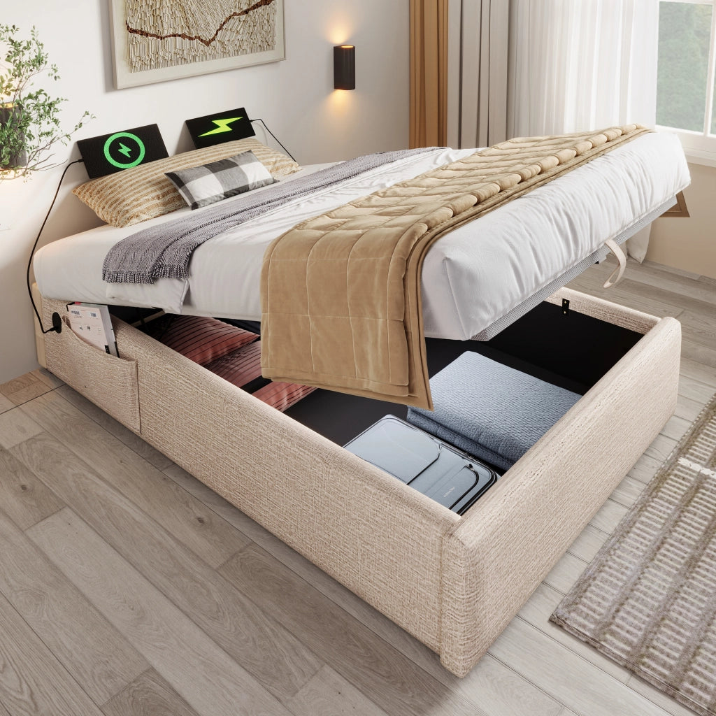 LETTO Contenitore 90x190 cm in lino Naturale con USB e Type-C