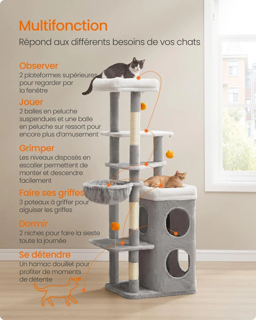 Tiragraffi alto 152 cm torre gioco per gatti a più livelli con 2 grandi cubbie 1 amaca 3 tiragraffi 3 piattaforme grigio 12_0003800