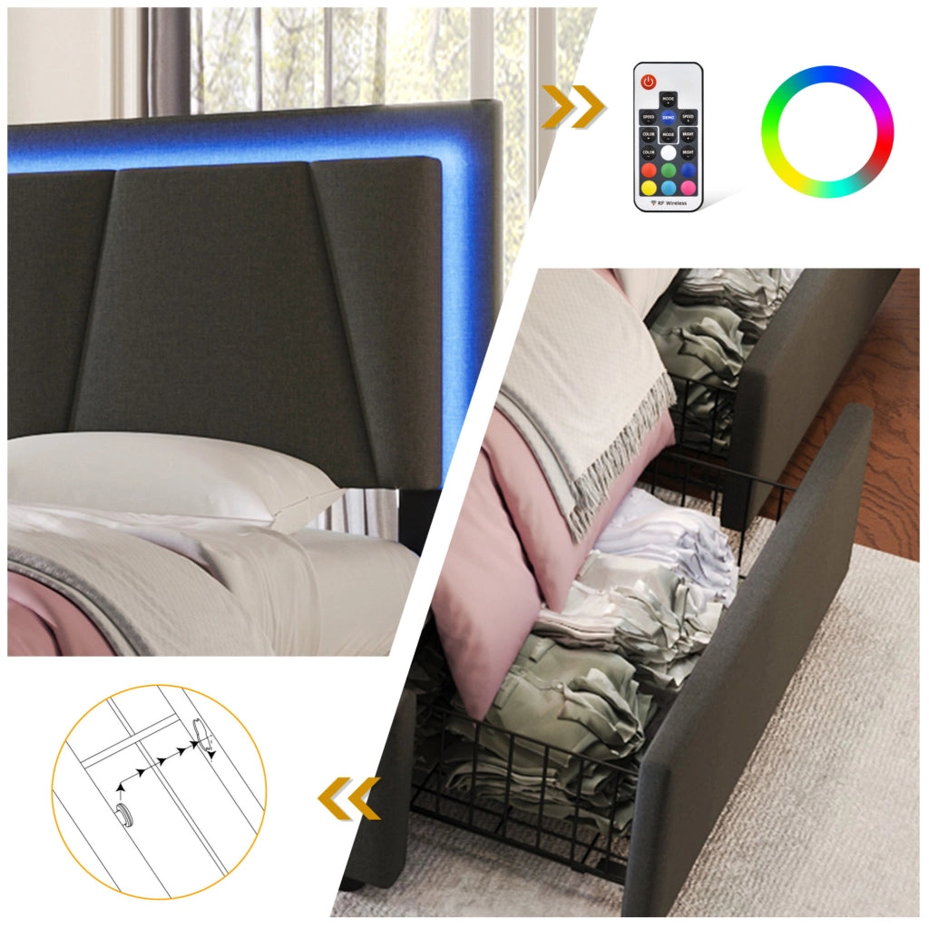 Letto singolo 90x200 cm con testiera regolabile, LED e 2 cassetti