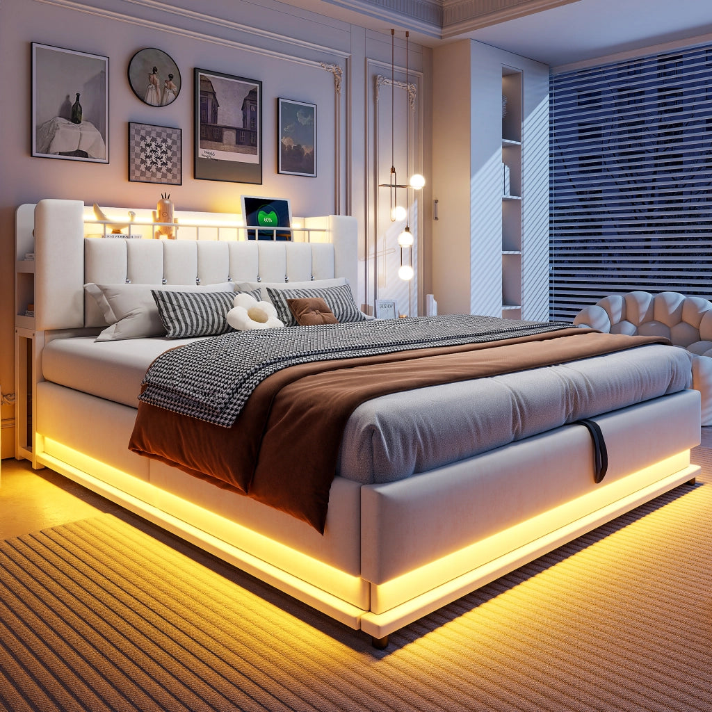 DESMIU Letto contenitore 180 × 200 cm 2 posti con LED, USB e vano idraulico, senza materasso, in velluto, beige