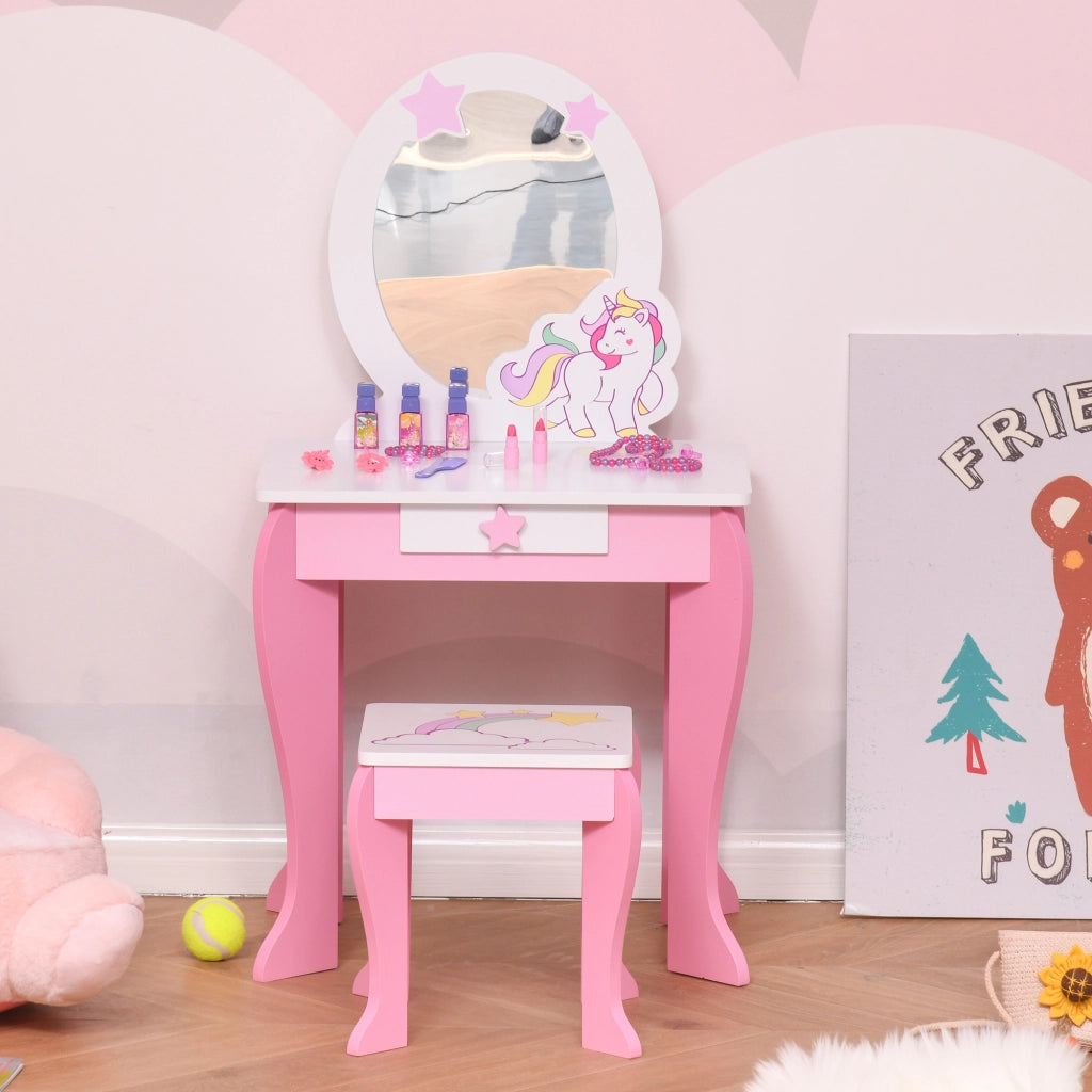 Specchiera Giocattolo con Cassetto e Sgabello Gioco Bambine 3-6 Anni