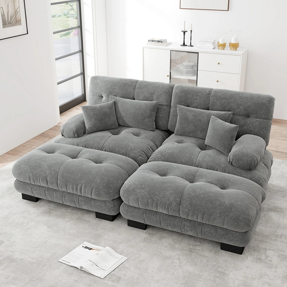 Divano angolare Cloud - Xylo - 2 posti in chenille con 2 cuscini lombari e 2 pouf, grigio