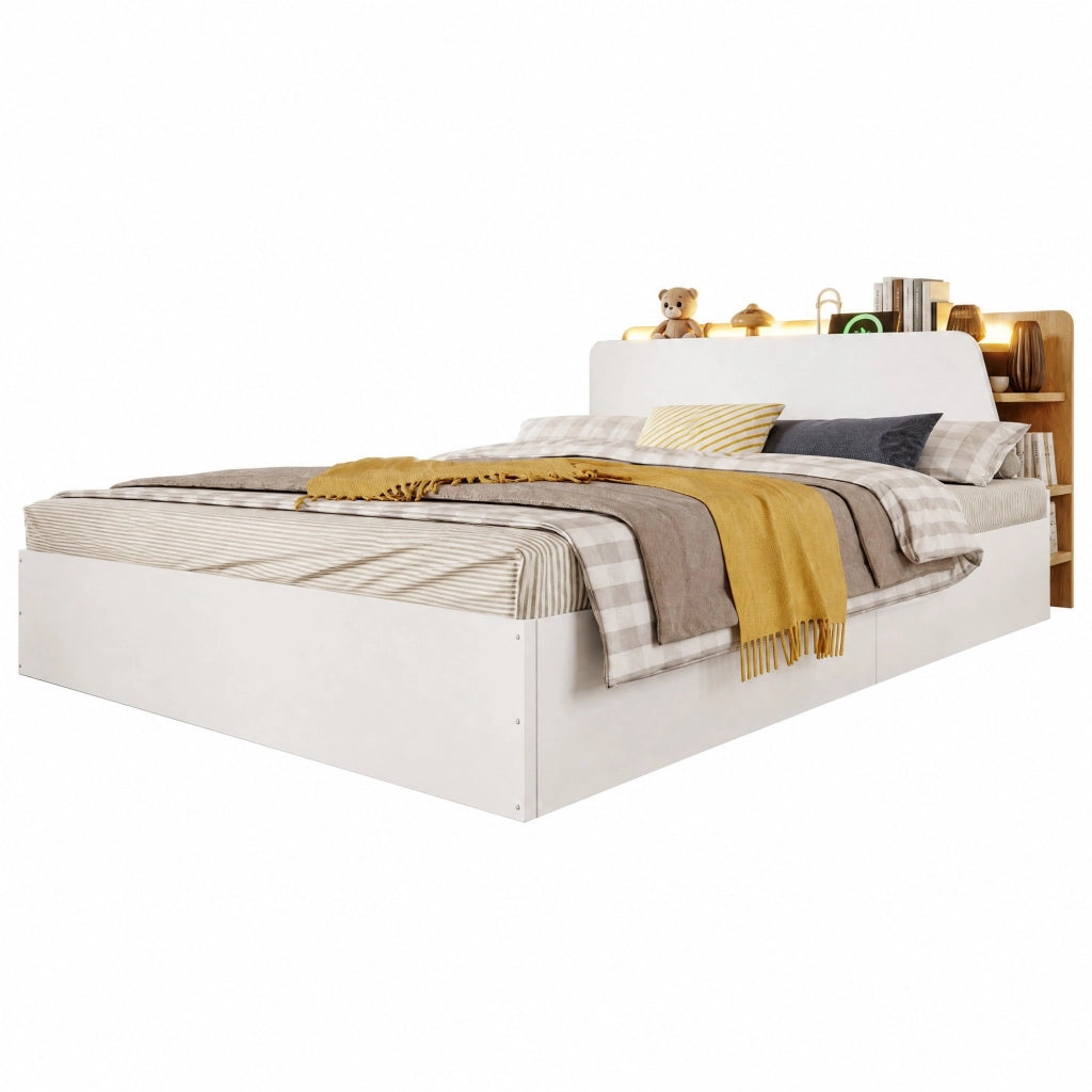 Letto contenitore idraulico 140x200 cm con USB, LED e comodino integrato