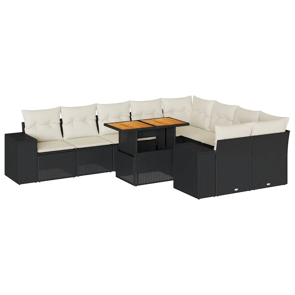 Set Divani Giardino 10pz con Cuscini Nero in Polyrattan Acacia 3327416