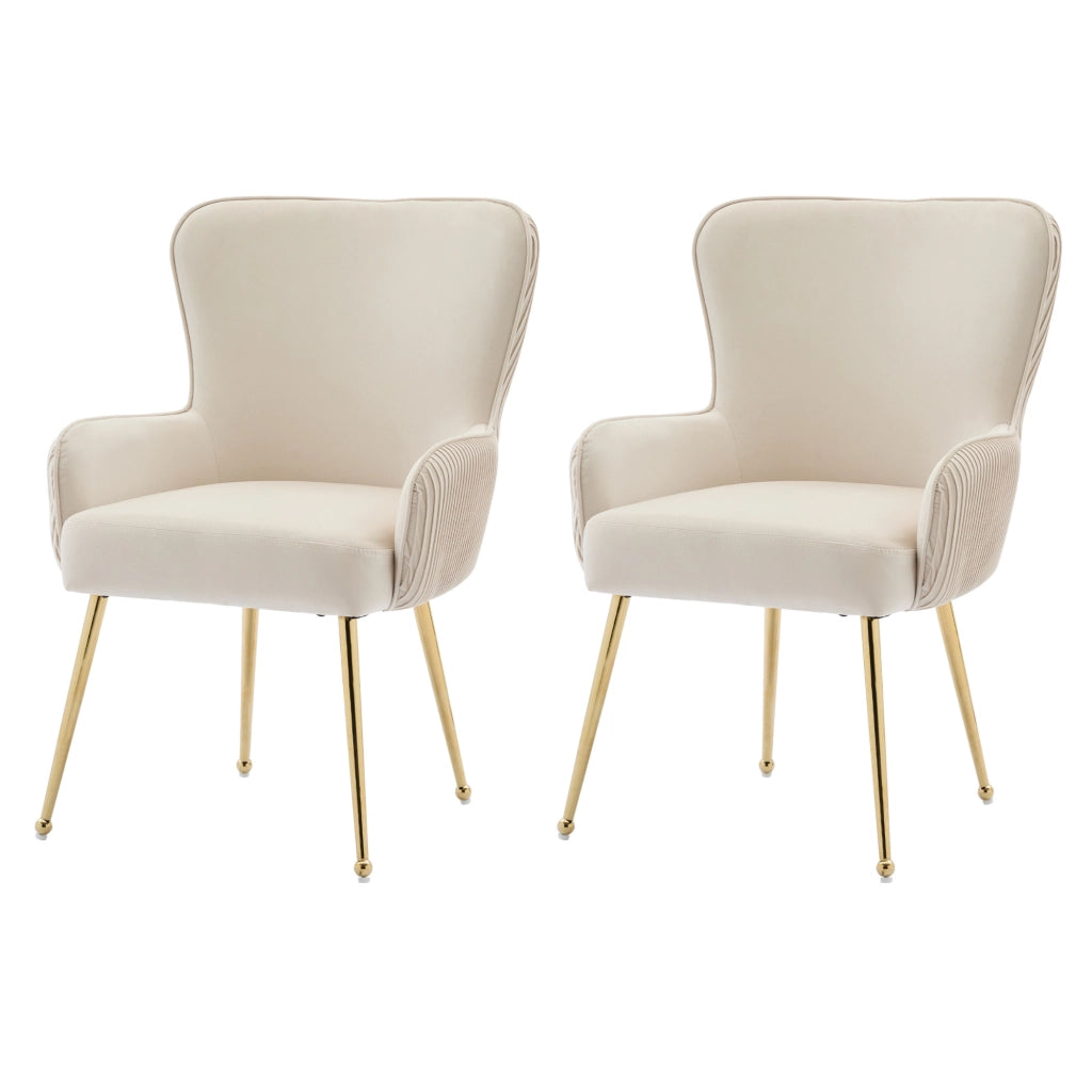 Poltrona Set da 2 con Braccioli Supporto Lombare e Piedini Regolabili in Velluto Beige e Oro
