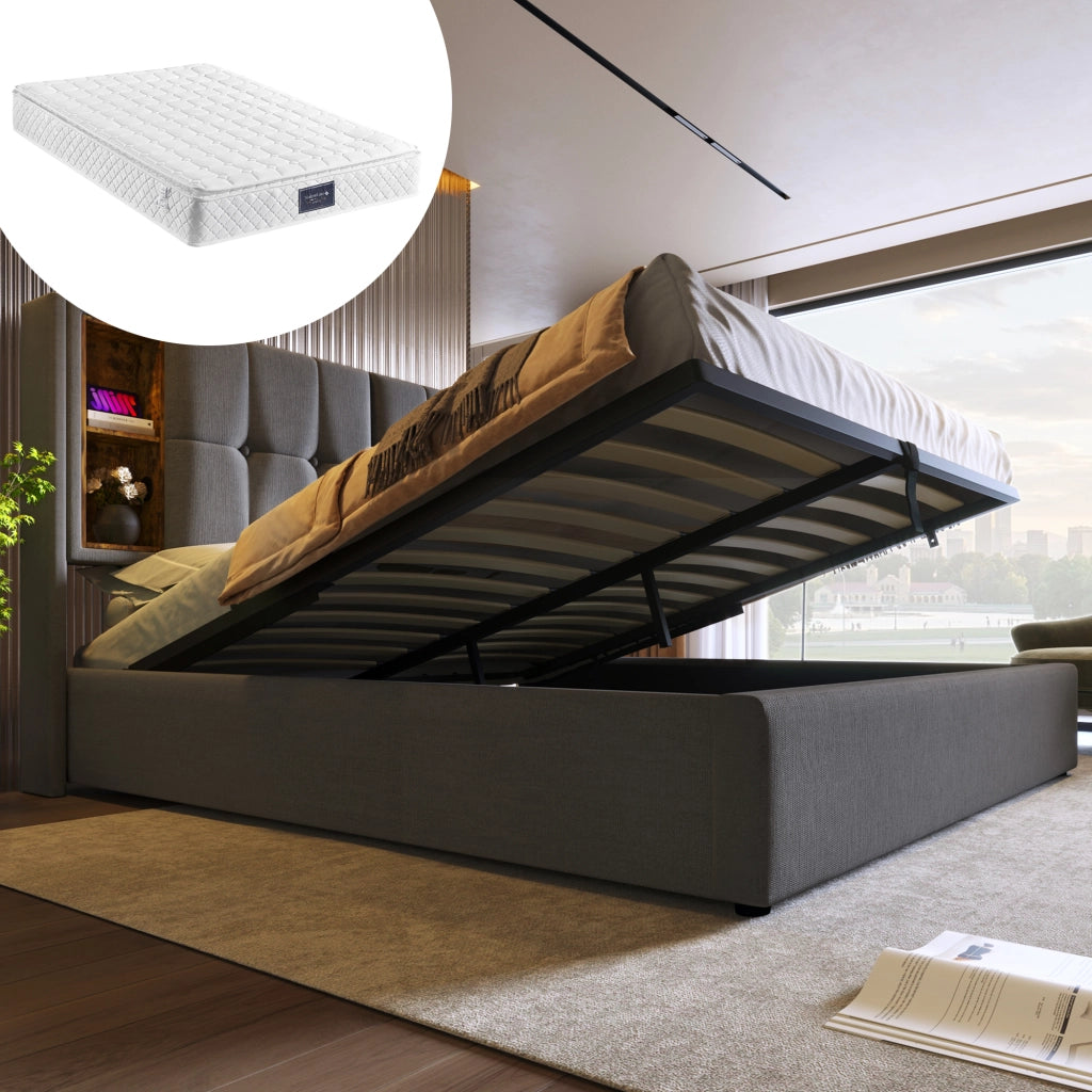 LETTO Imbottito 140x200 cm Cotone Grigio con ricarica wireless USB e Type-C