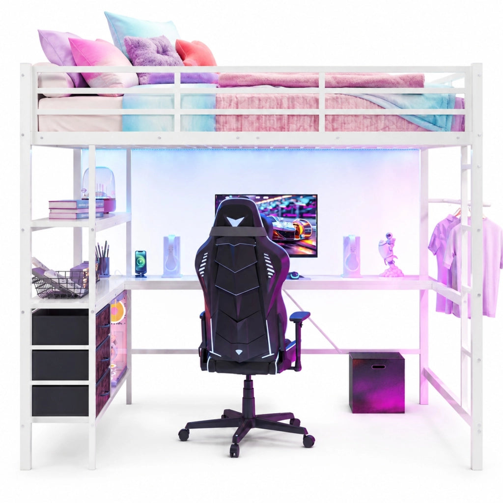 Letto a soppalco 140x200 cm con scrivania, LED, cassetti e presa USB