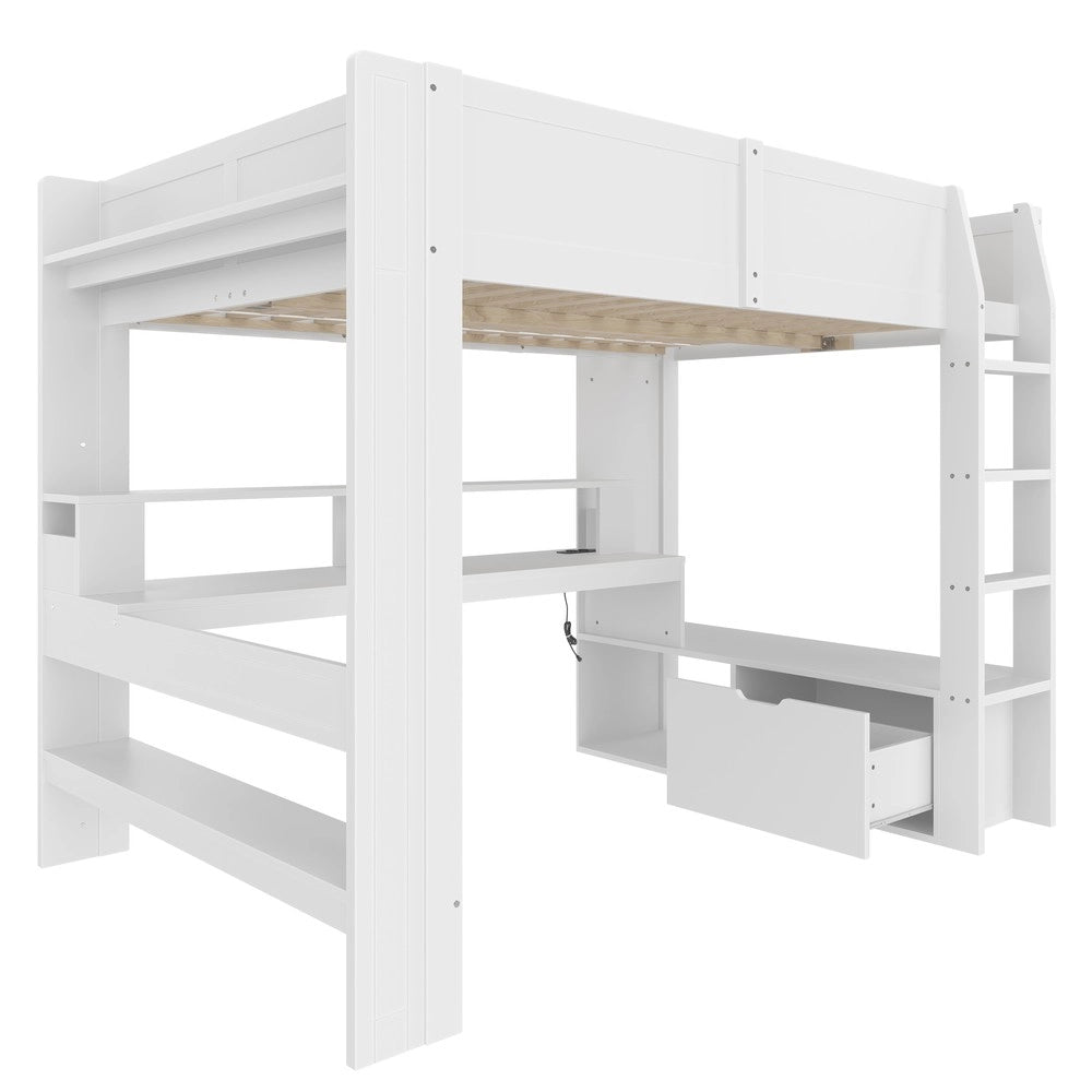 Letto a Soppalco con Scrivania e LED ¨C MINIMAL ¨C Bianco 140x200 con Cassetti e Ripiani