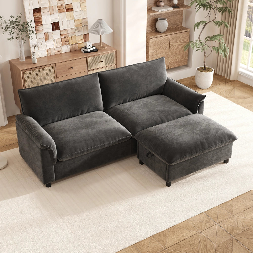 Divano modulare con pouf contenitore funzione letto temporaneo schienale alto in chenille nero 216 × 77 × 82 cm