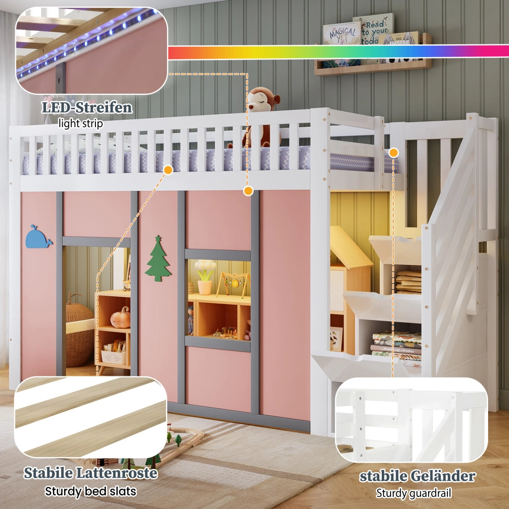 LETTO A SOPPALCO 90x200 cm Bianco e Rosa con scala contenitore