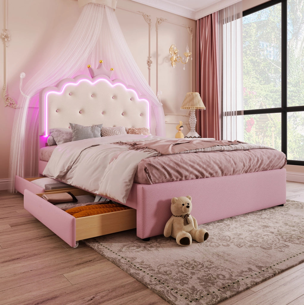Letto imbottito per bambini 140x200 cm con rete, luce LED e cassetti