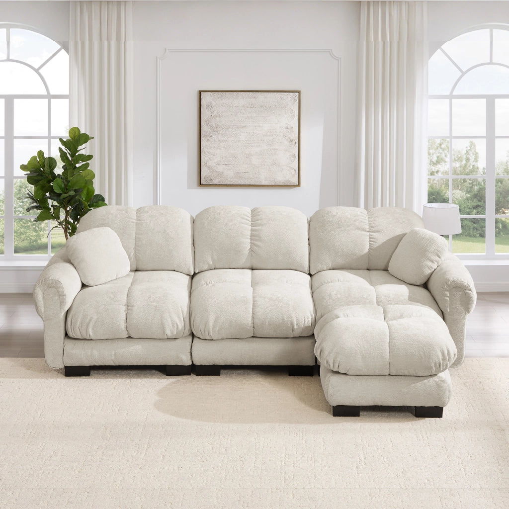 Divano angolare 3 posti modulare con pouf mobile e cuscino, in Ciniglia, Beige chiaro