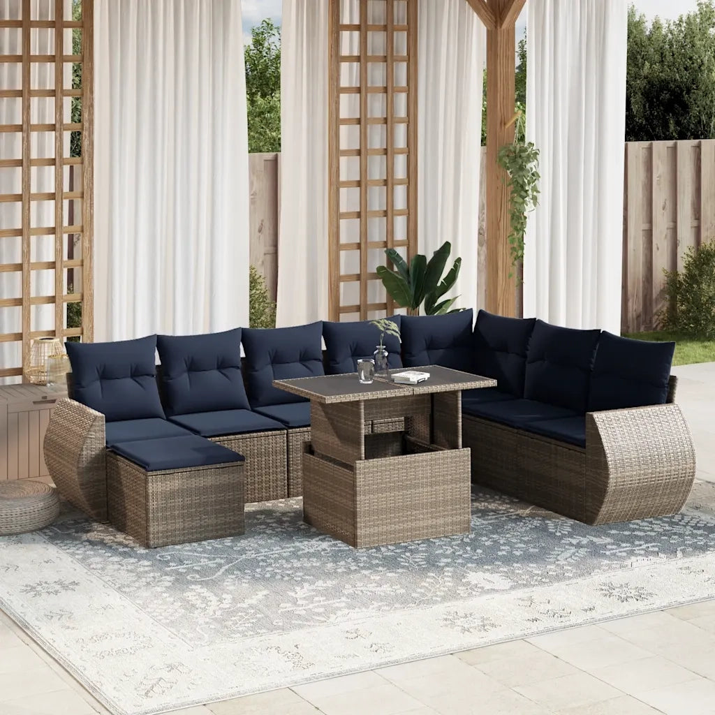 Set Divani da Giardino 9 pz con Cuscini Grigio in Polyrattan 3268731